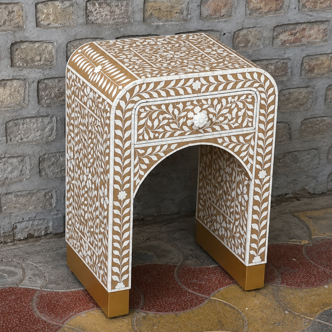 Beige Floral Bone Inlay Nightstand – Arched 1 Drawer Side Table