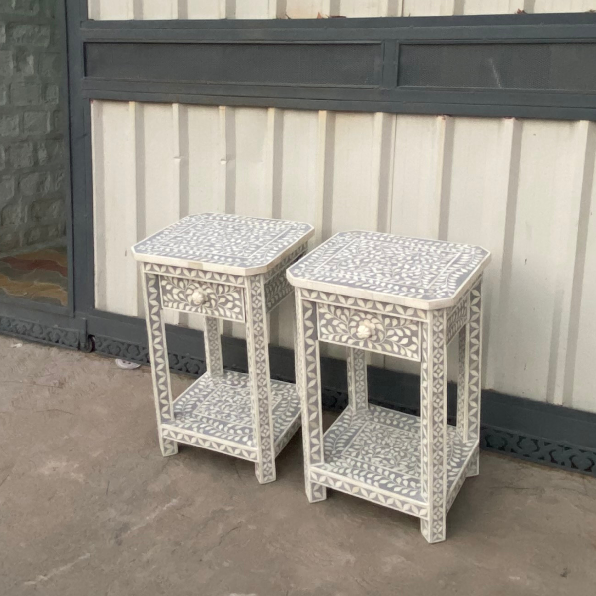 Handmade Grey Bone Inlay Bedside Table Set of 2 | Floral Nightstands