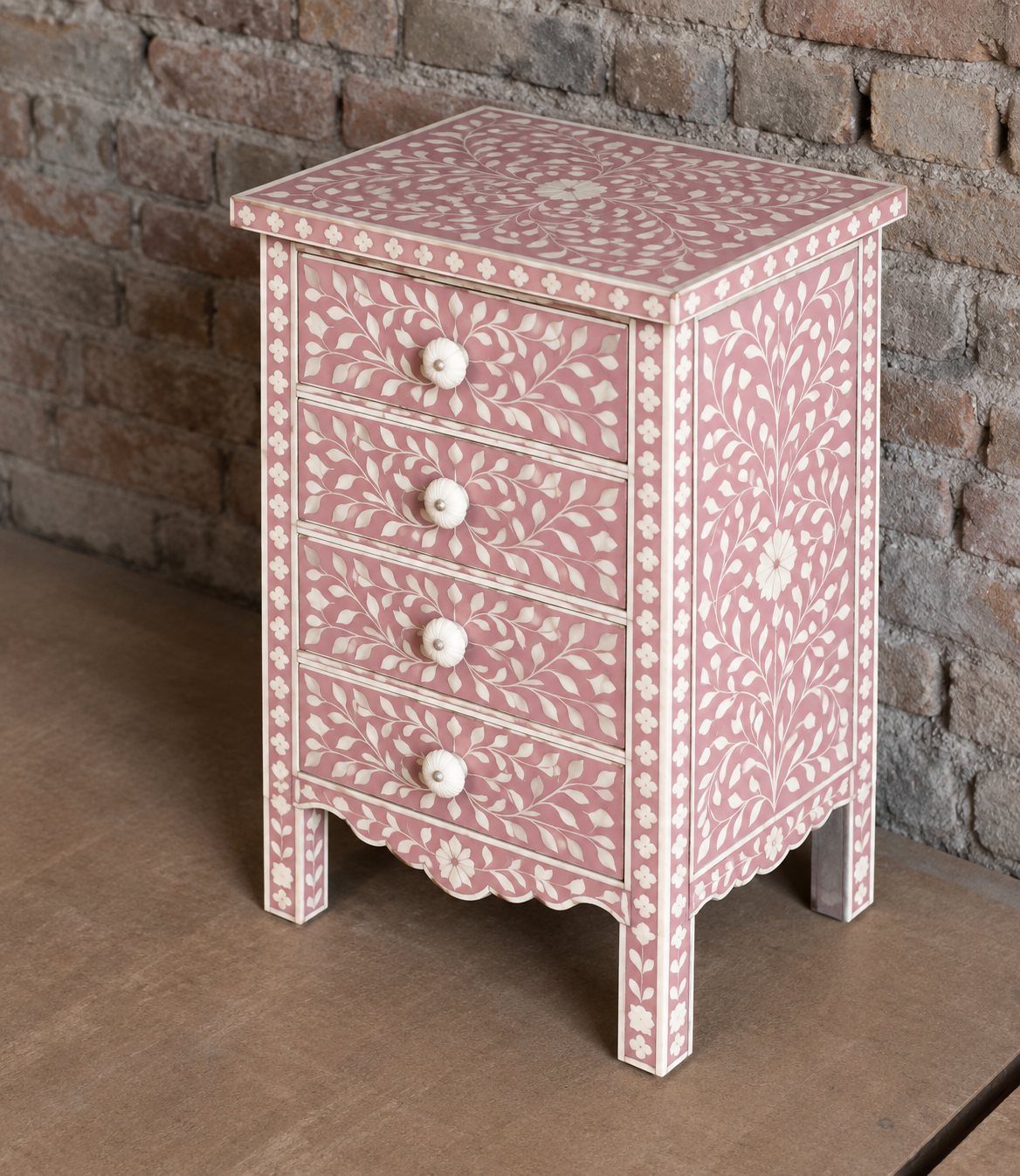 Handmade Pink & White Bone Inlay Bedside Table – Floral 4 Drawer Nightstand