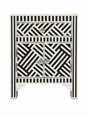 Handmade Black & White Bone Inlay Bedside Cabinet – Geometric 1 Drawer 2 Door Nightstand