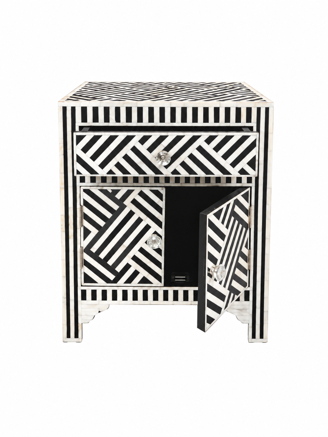 Handmade Black & White Bone Inlay Bedside Cabinet – Geometric 1 Drawer 2 Door Nightstand