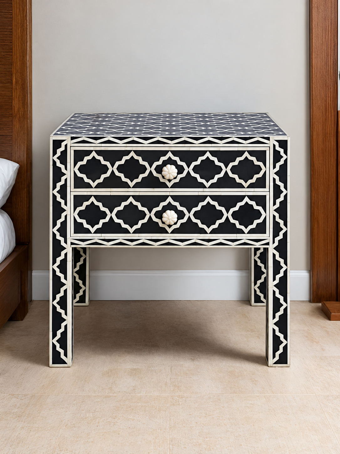 Handmade Black & White Bone Inlay Bedside Table – Geometric 2 Drawer Nightstand