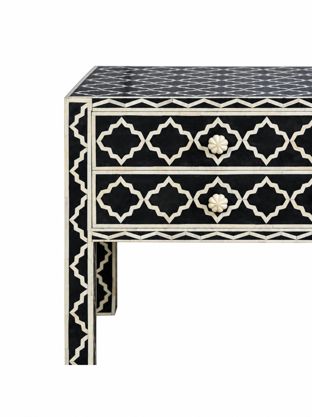 Handmade Black & White Bone Inlay Bedside Table – Geometric 2 Drawer Nightstand