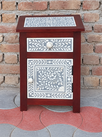 Handmade Grey & White Bone Inlay Bedside Cabinet – Wooden 1 Drawer 1 Door Nightstand