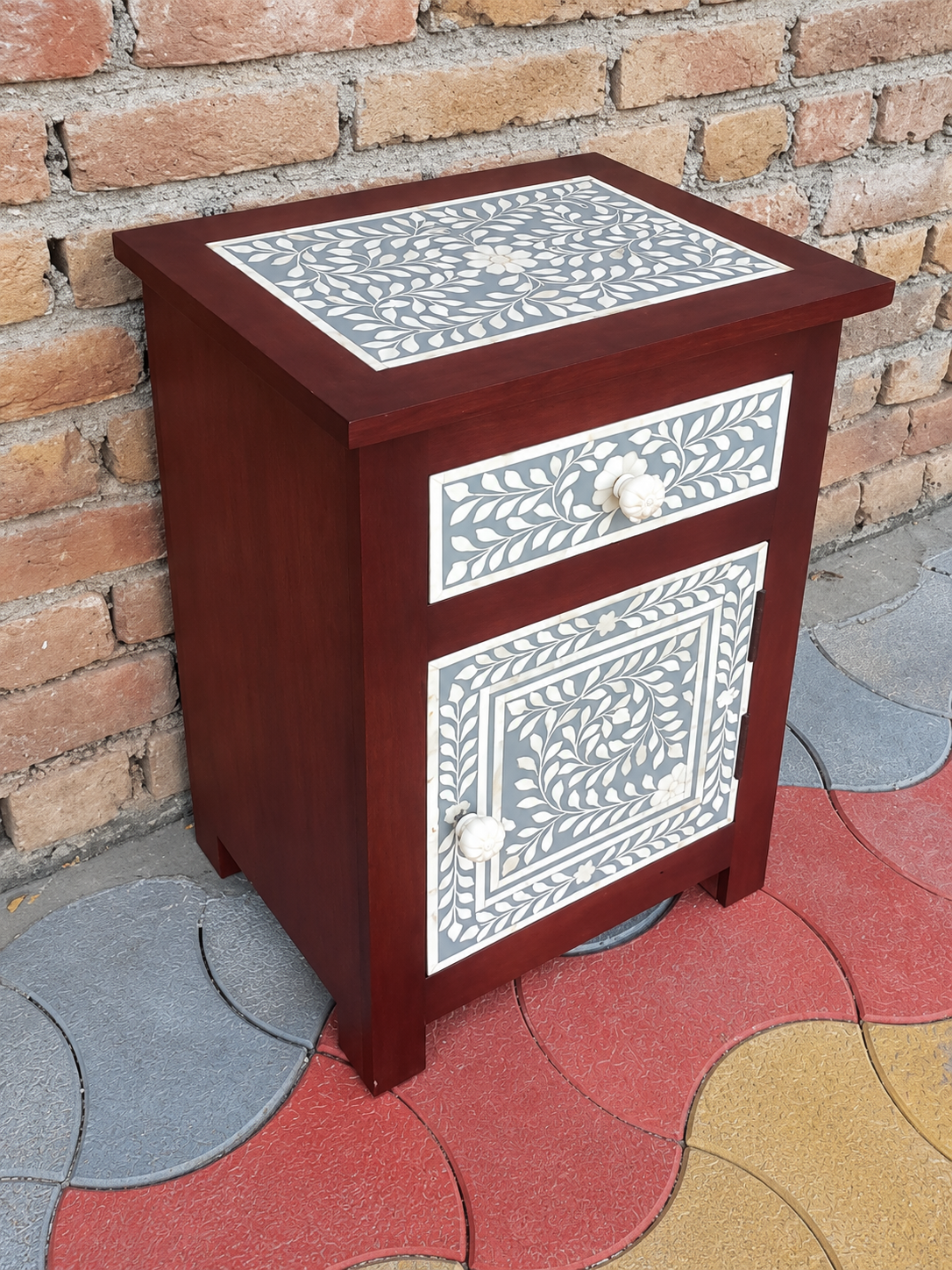 Handmade Grey & White Bone Inlay Bedside Cabinet – Wooden 1 Drawer 1 Door Nightstand