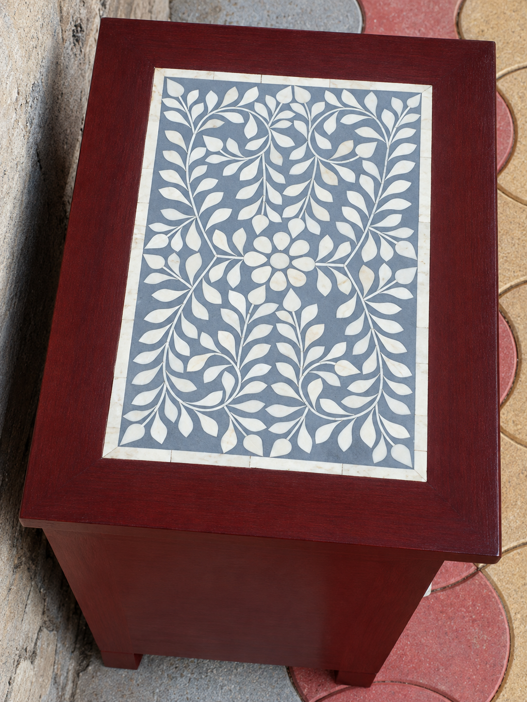 Handmade Grey & White Bone Inlay Bedside Cabinet – Wooden 1 Drawer 1 Door Nightstand