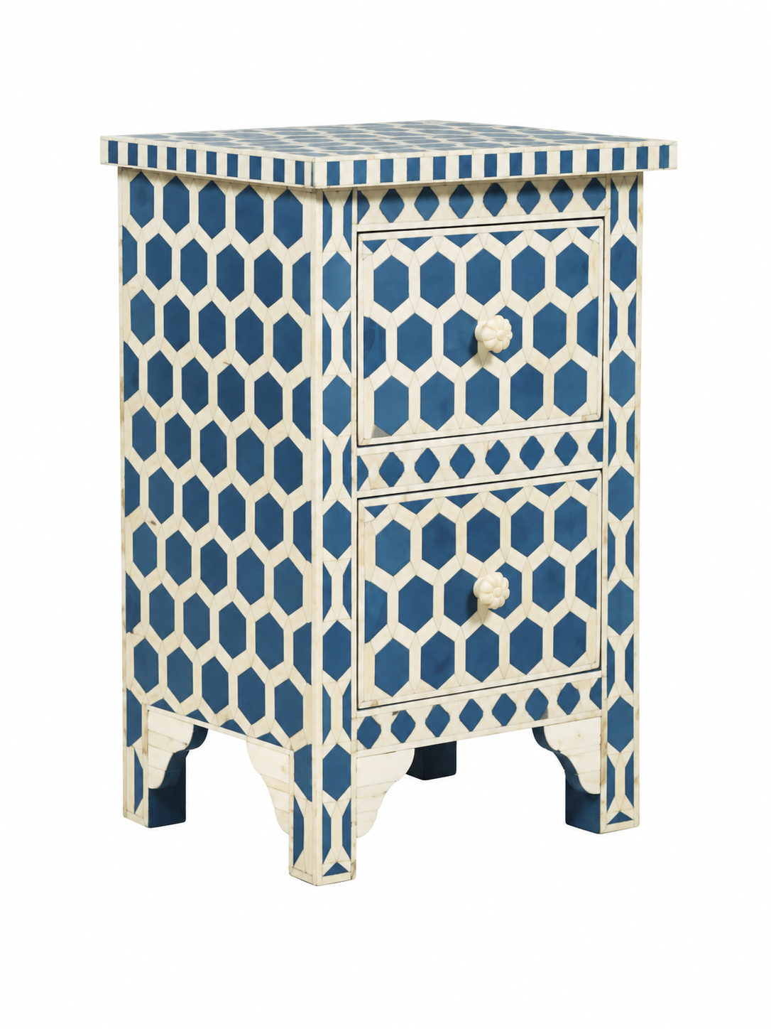 Handmade Blue & White Bone Inlay Bedside Table – Geometric 2 Drawer Nightstand