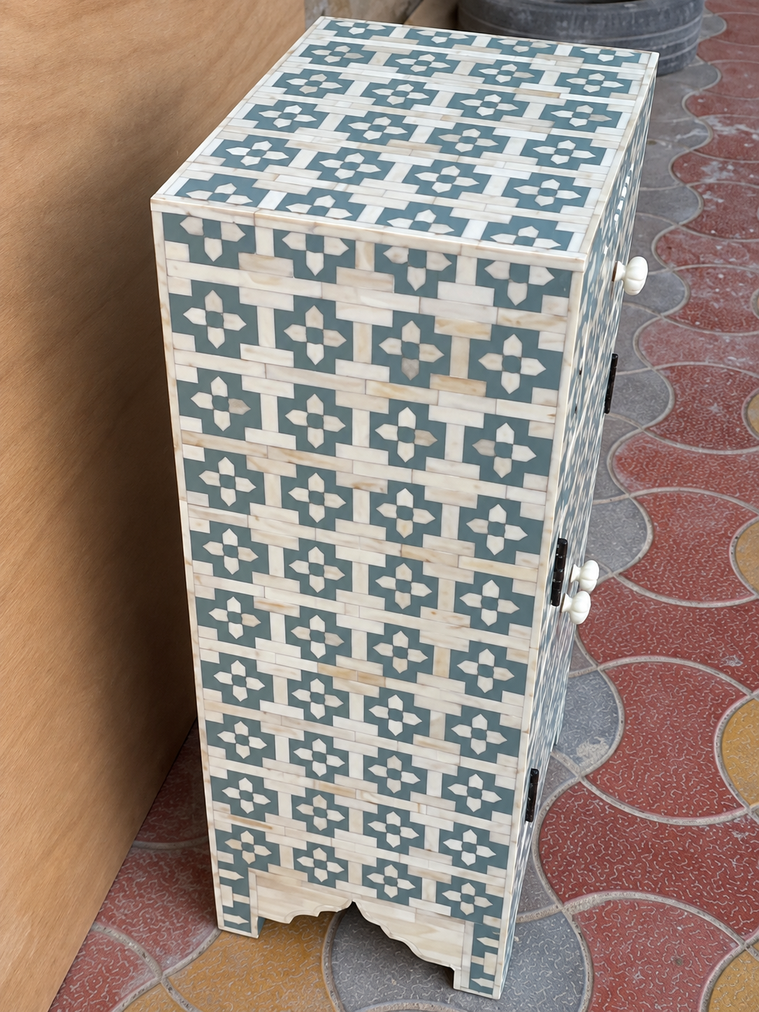 Handmade Teal Blue & White Bone Inlay Bedside Cabinet – 1 Drawer 2 Door Nightstand