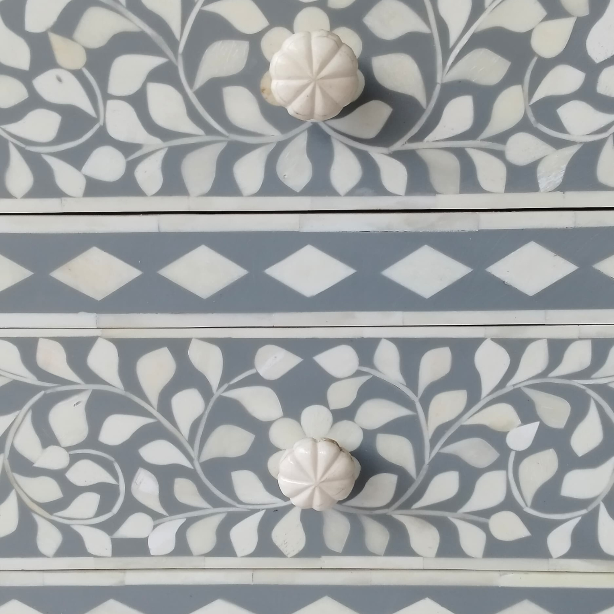 Handmade Grey Bone Inlay 3 Drawer Bedside Table | Floral Nightstand