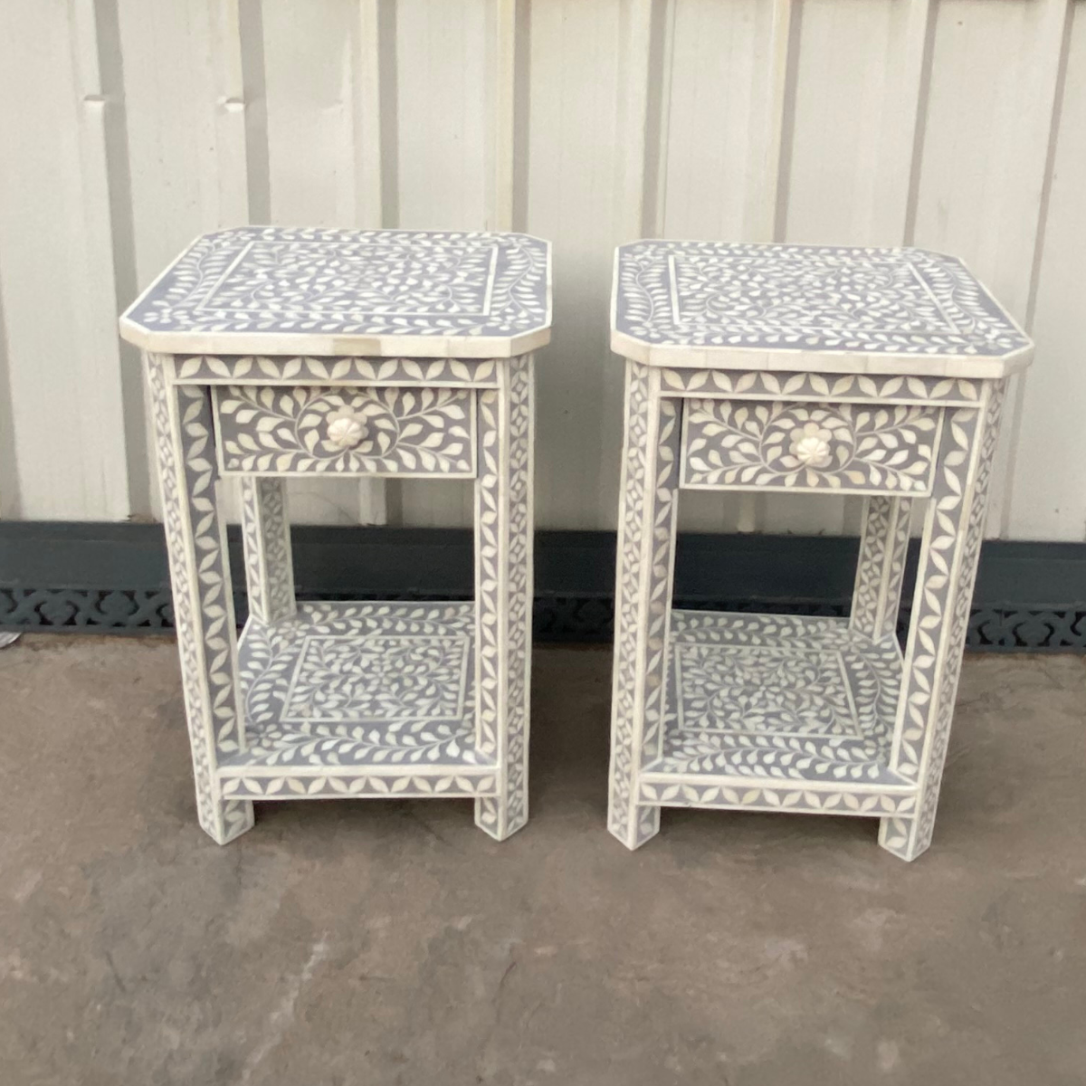Handmade Grey Bone Inlay Bedside Table Set of 2 | Floral Nightstands