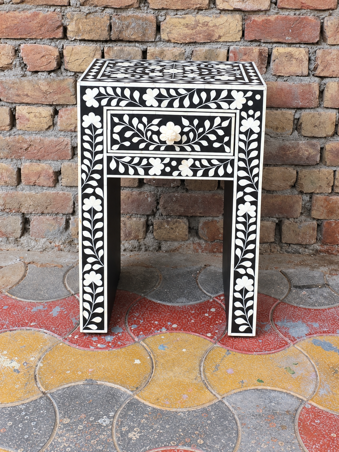 Handmade Black & White Bone Inlay Bedside Table – Floral 1 Drawer Tall Nightstand
