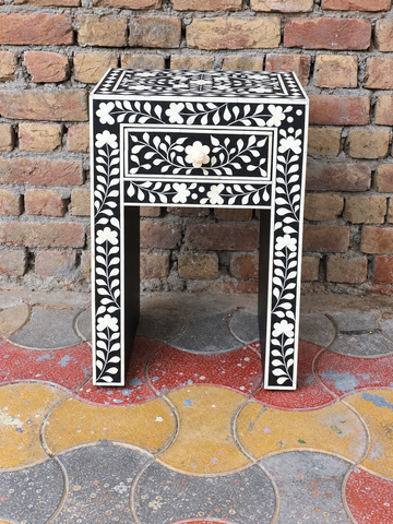 Handmade Black & White Bone Inlay Bedside Table – Floral 1 Drawer Tall Nightstand