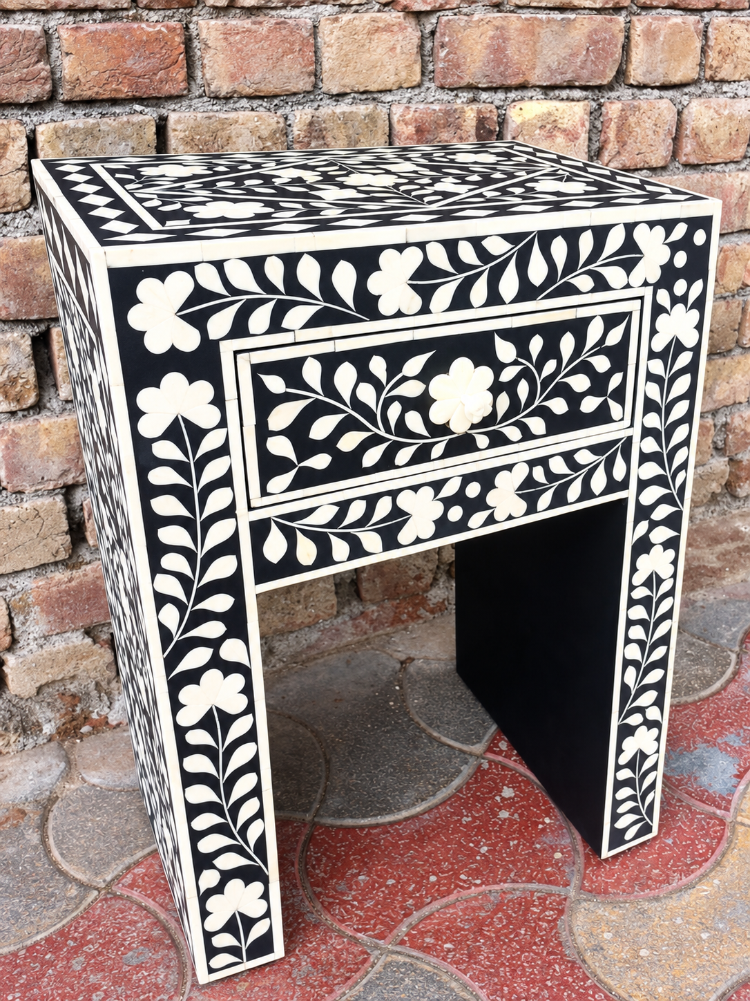 Handmade Black & White Bone Inlay Bedside Table – Floral 1 Drawer Tall Nightstand