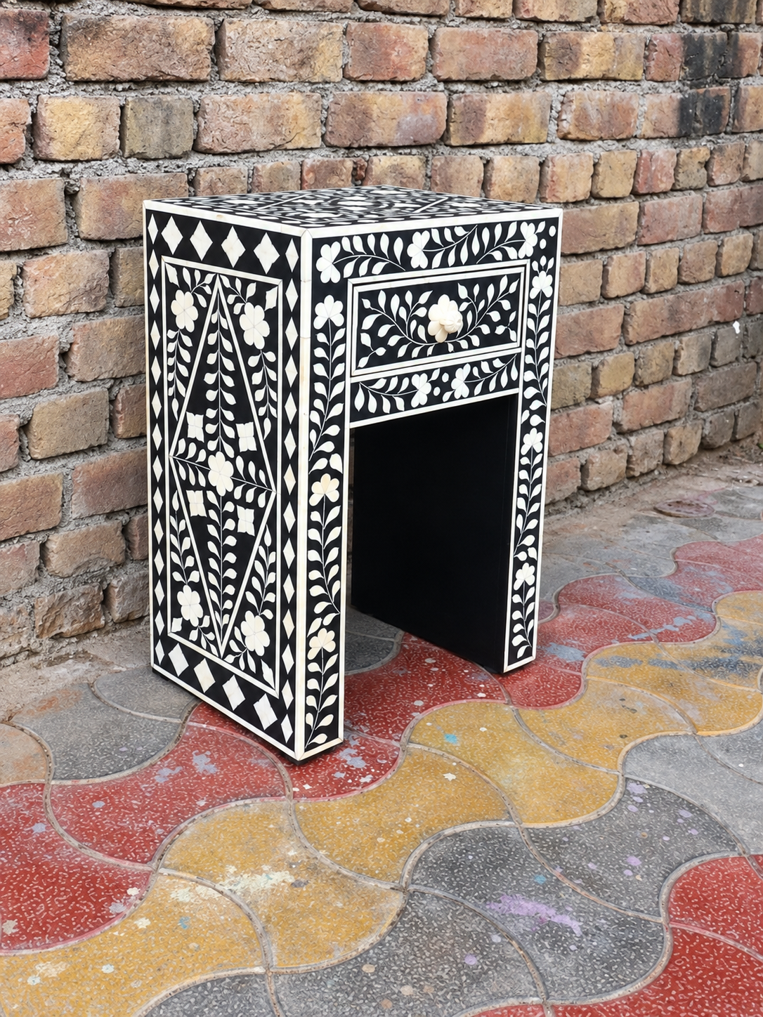 Handmade Black & White Bone Inlay Bedside Table – Floral 1 Drawer Tall Nightstand