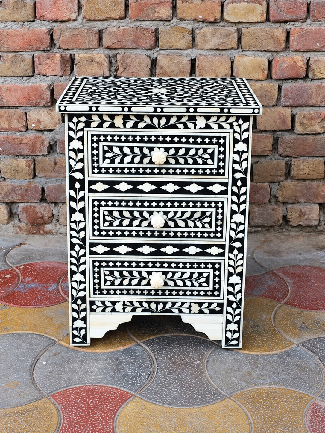 Handmade Black & White Bone Inlay Nightstand – 3 Drawer Bedside Cabinet