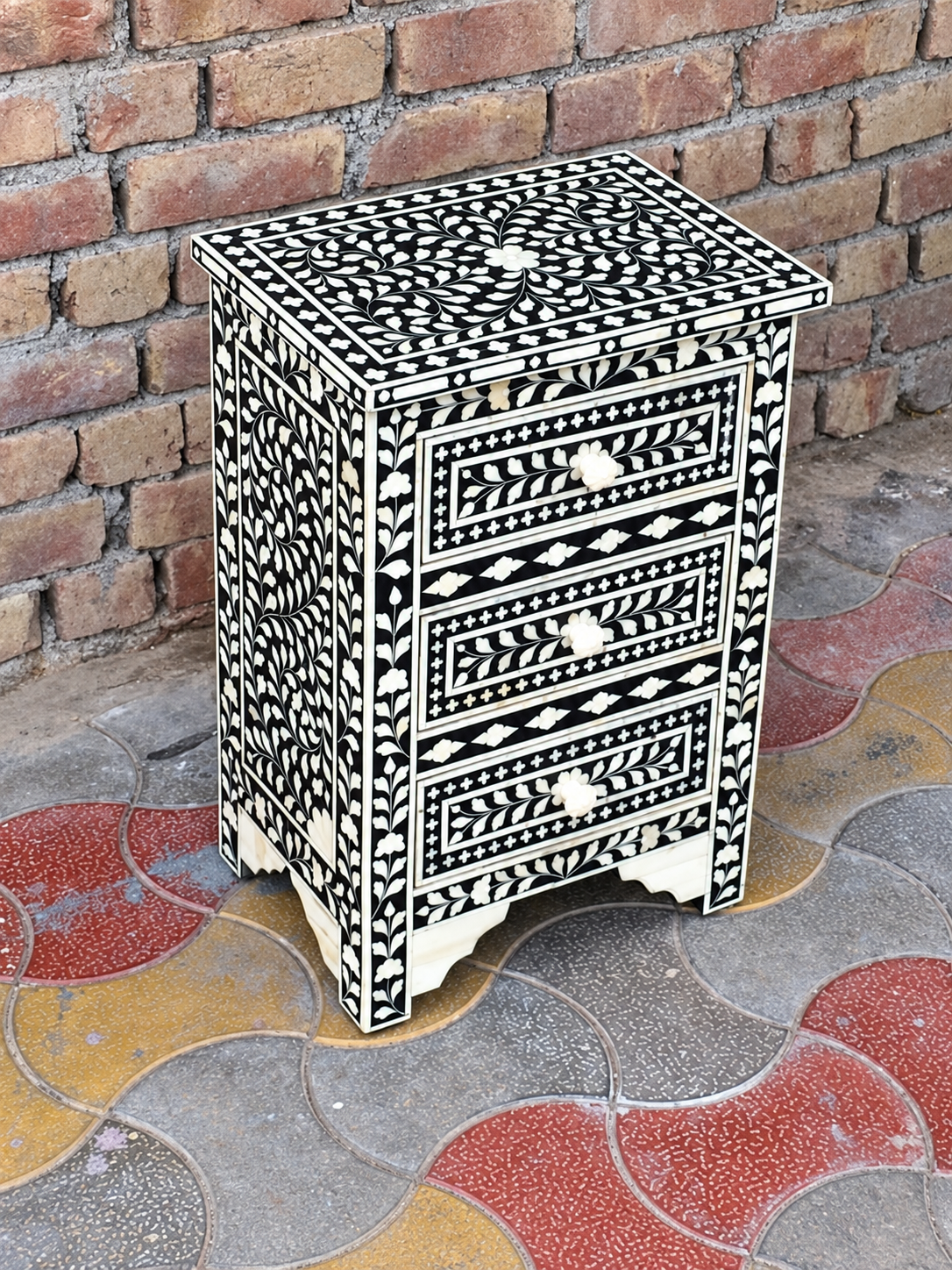 Handmade Black & White Bone Inlay Nightstand – 3 Drawer Bedside Cabinet