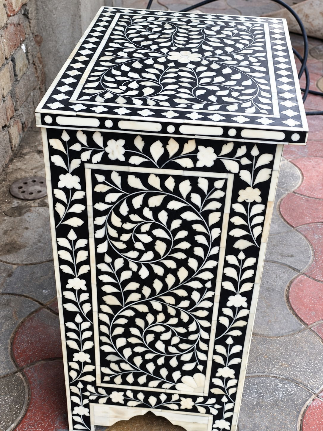 Handmade Black & White Bone Inlay Nightstand – 3 Drawer Bedside Cabinet