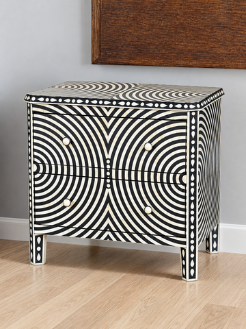 Black & White Bone Inlay Nightstand – Handmade Optical Pattern Bedside Cabinet