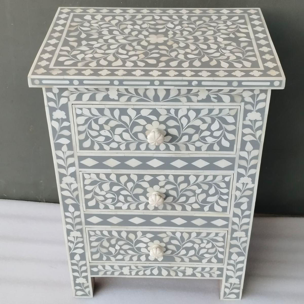 Handmade Grey Bone Inlay 3 Drawer Bedside Table | Floral Nightstand