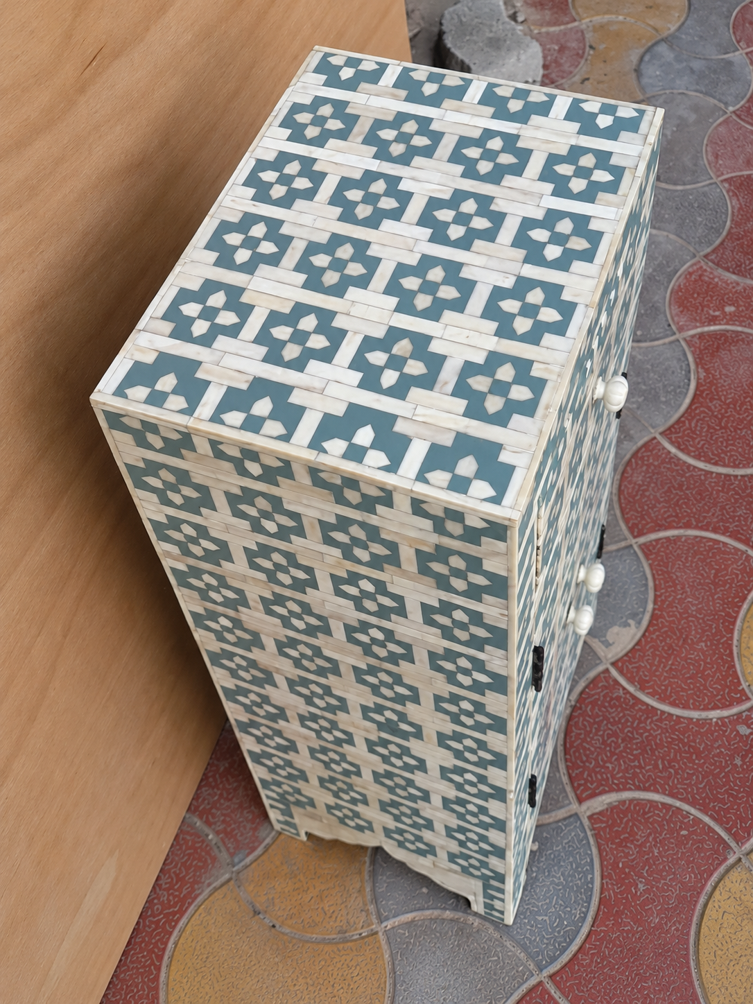 Handmade Teal Blue & White Bone Inlay Bedside Cabinet – 1 Drawer 2 Door Nightstand
