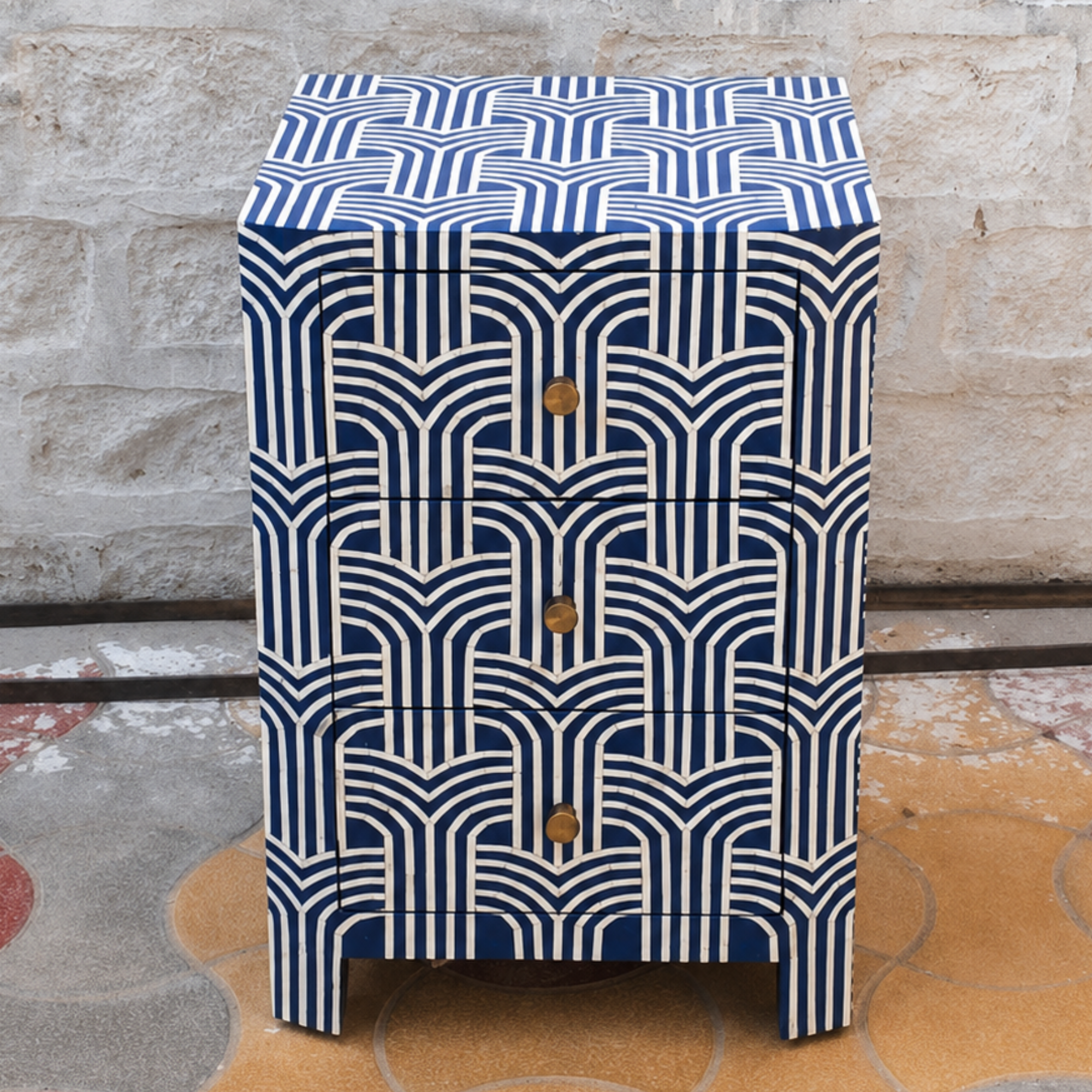 Navy Blue Geometric Bone Inlay Bedside Table – Handmade 3-Drawer Nightstand
