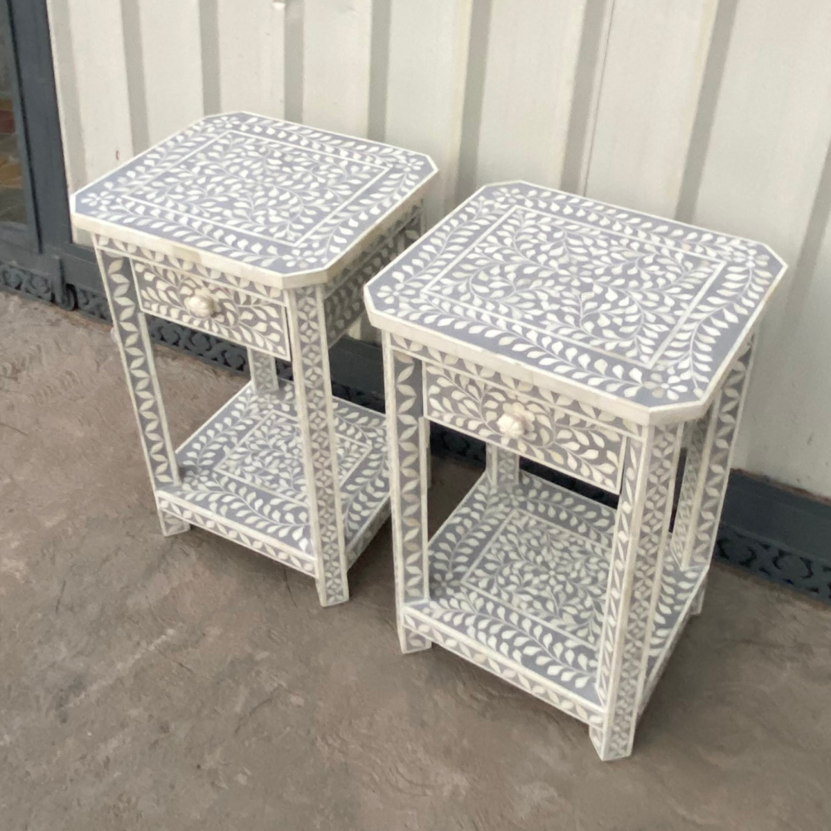 Handmade Grey Bone Inlay Bedside Table Set of 2 | Floral Nightstands