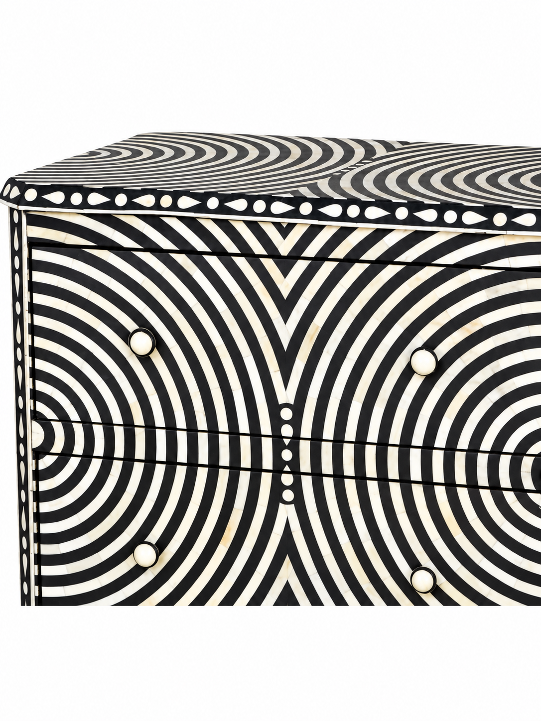 Black & White Bone Inlay Nightstand – Handmade Optical Pattern Bedside Cabinet