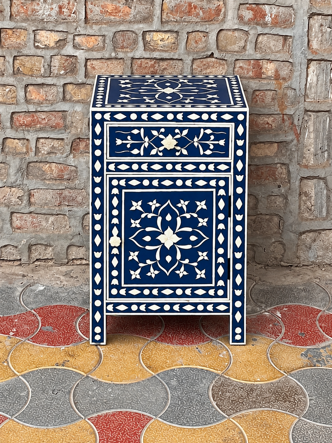 Blue Bone Inlay Nightstand – Handmade Floral Bedside Cabinet