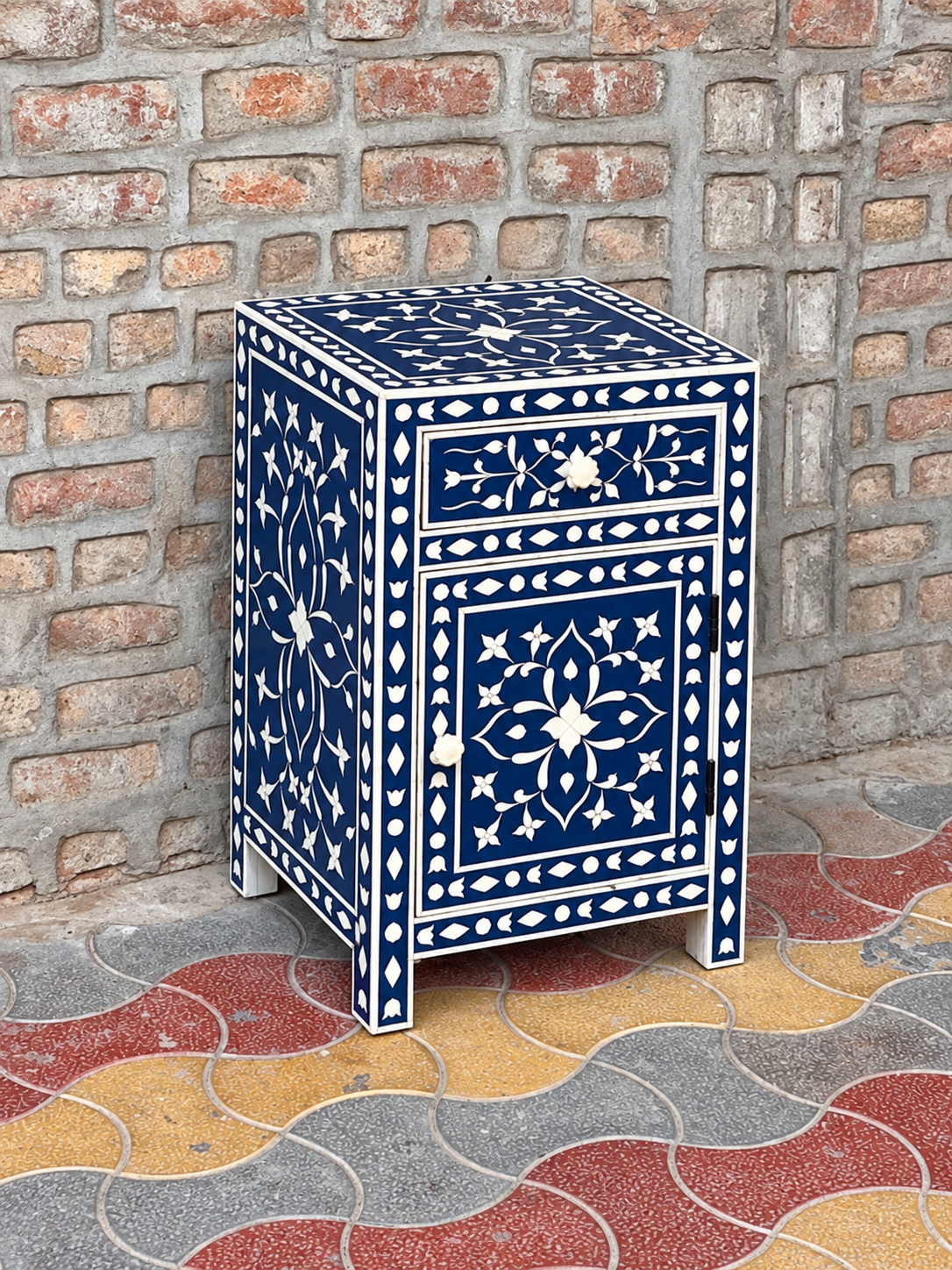 Blue Bone Inlay Nightstand – Handmade Floral Bedside Cabinet