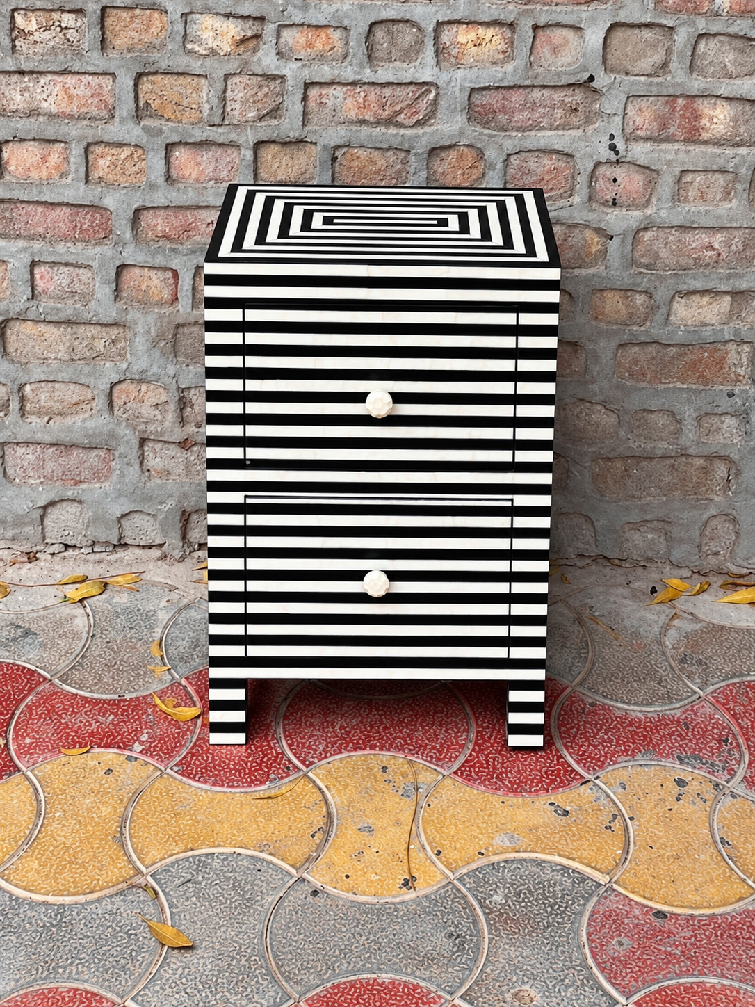 Black & White Bone Inlay 2 Drawer Bedside Table – Handmade Striped Nightstand