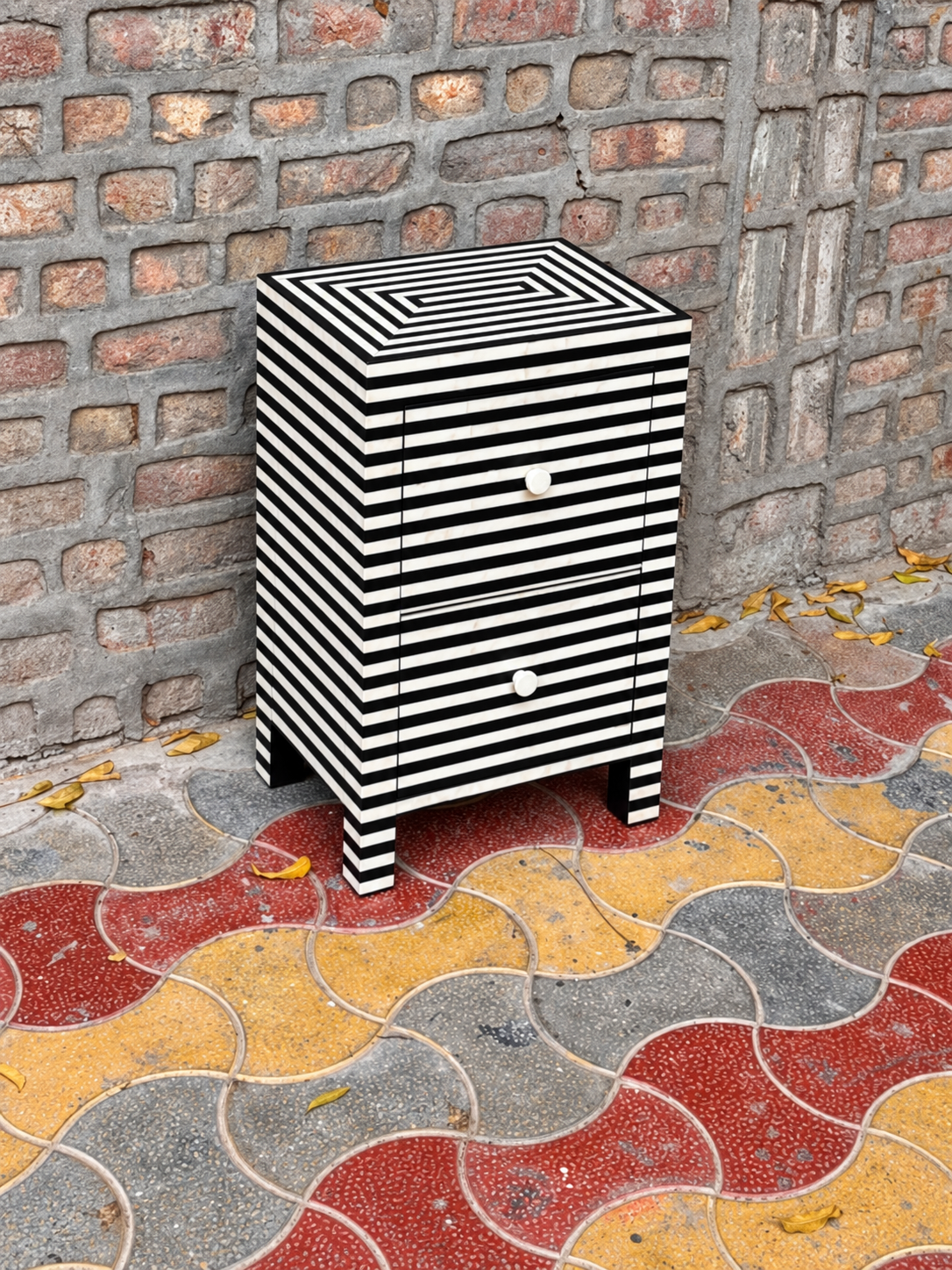 Black & White Bone Inlay 2 Drawer Bedside Table – Handmade Striped Nightstand