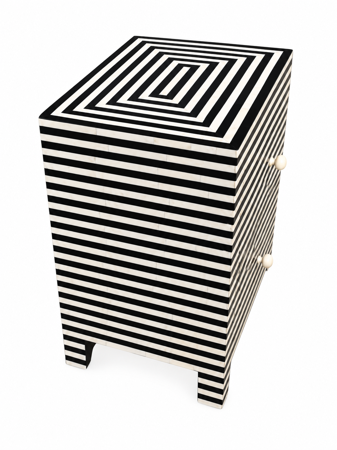 Black & White Bone Inlay 2 Drawer Bedside Table – Handmade Striped Nightstand