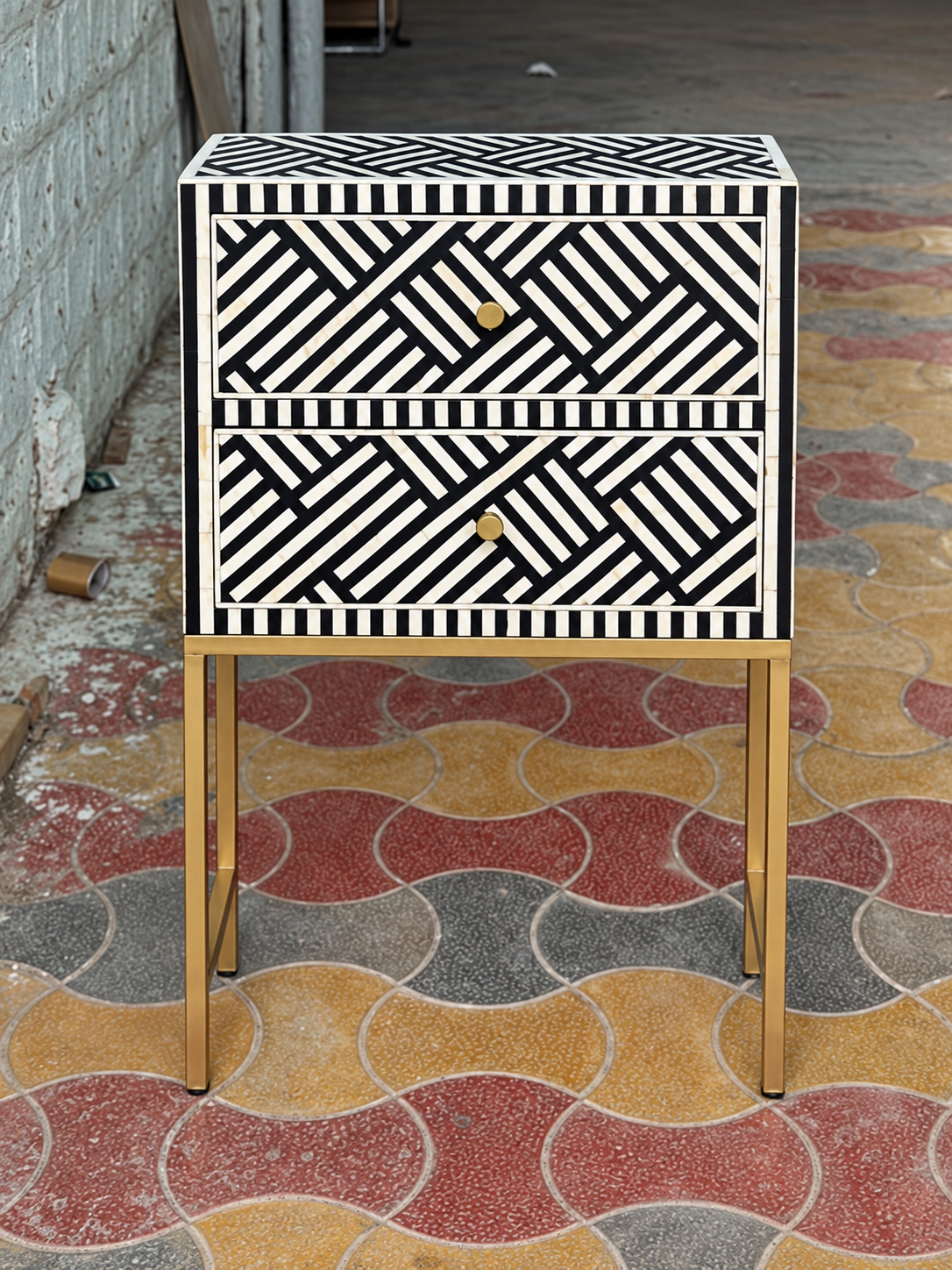 Black & White Bone Inlay 2 Drawer Bedside Table with Gold Legs – Geometric Nightstand