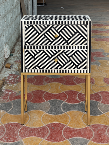 Black & White Bone Inlay 2 Drawer Bedside Table with Gold Legs – Geometric Nightstand