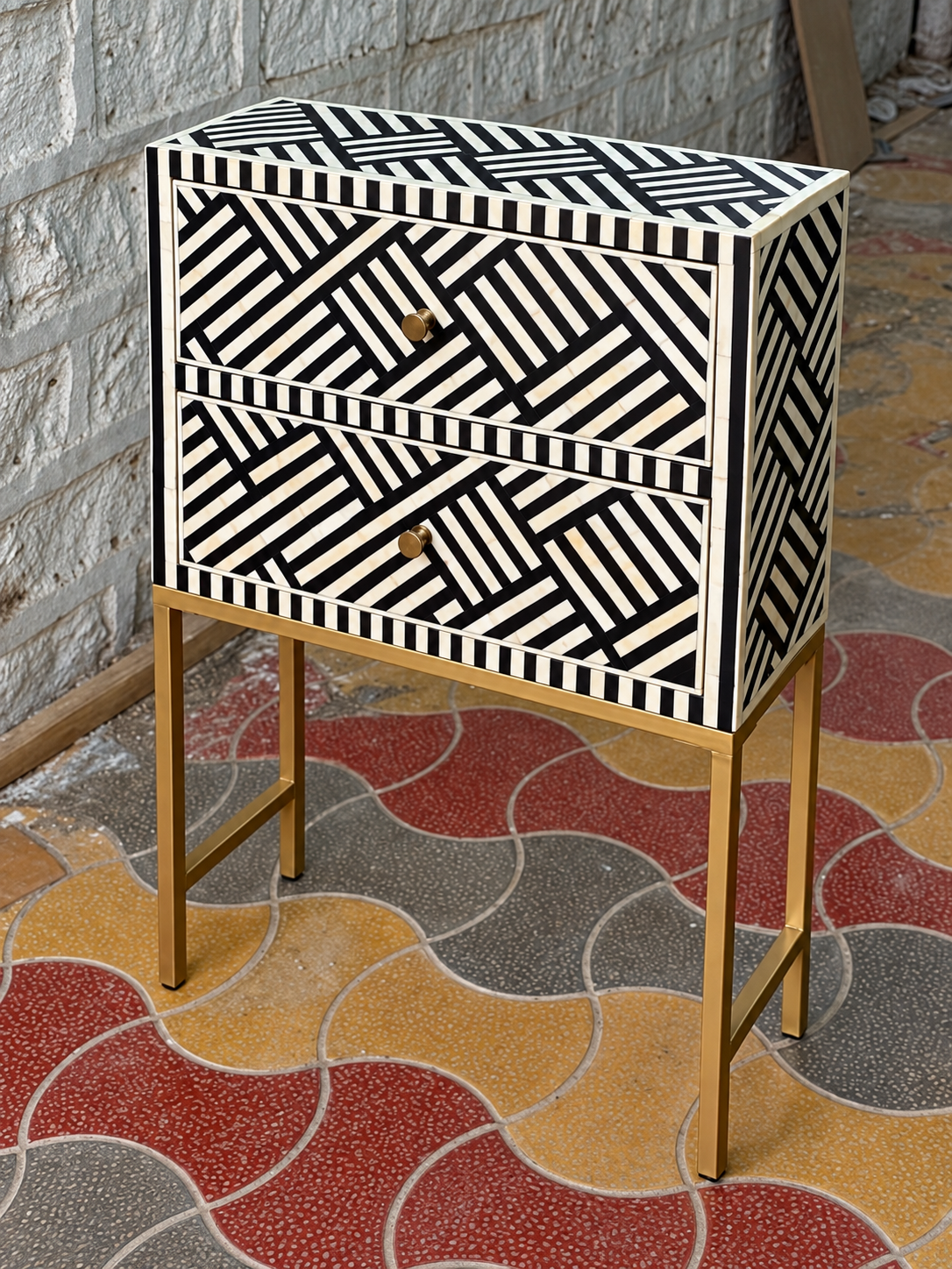 Black & White Bone Inlay 2 Drawer Bedside Table with Gold Legs – Geometric Nightstand