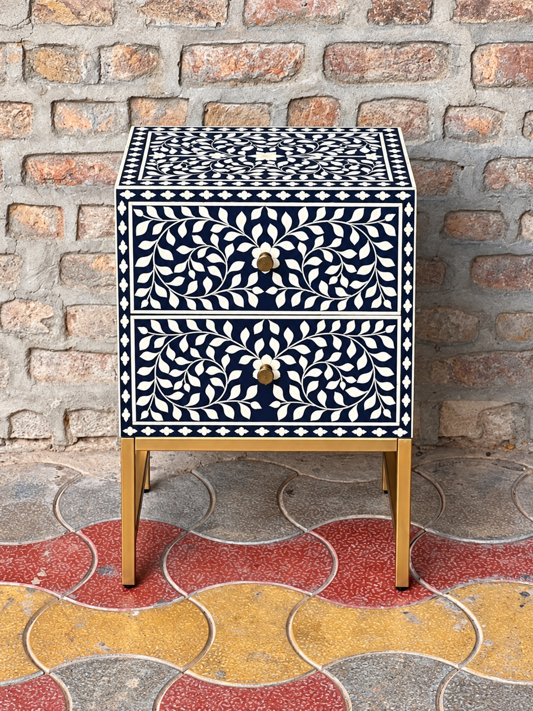 Handmade Bone Inlay Floral Design Bedside Table with Iron Legs