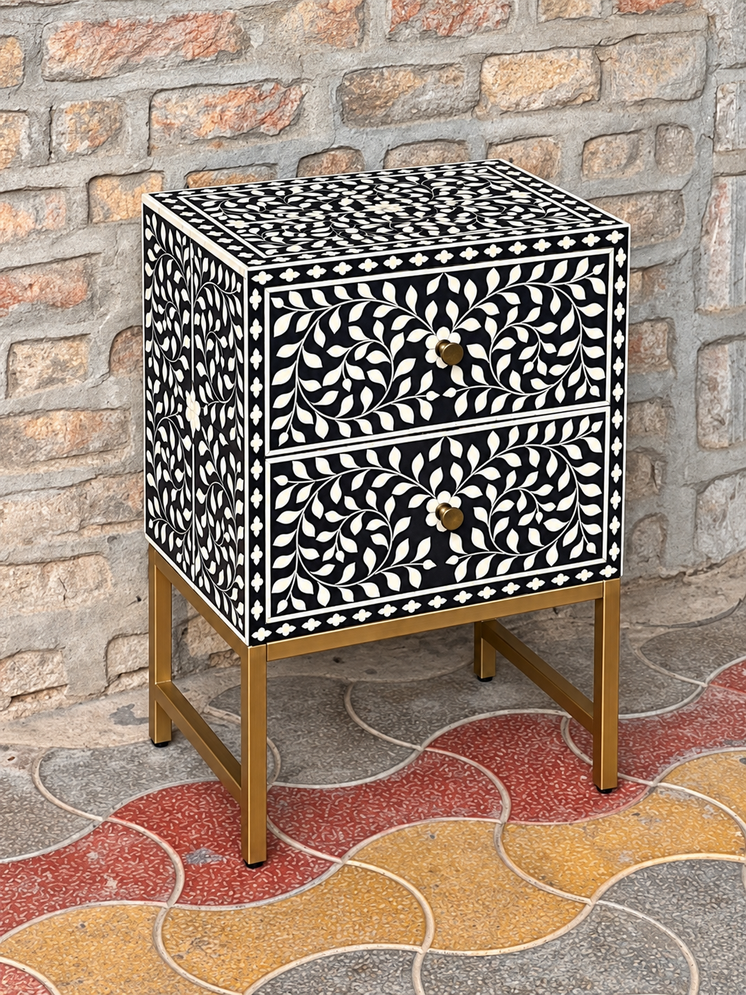 Handmade Bone Inlay Floral Design Bedside Table with Iron Legs