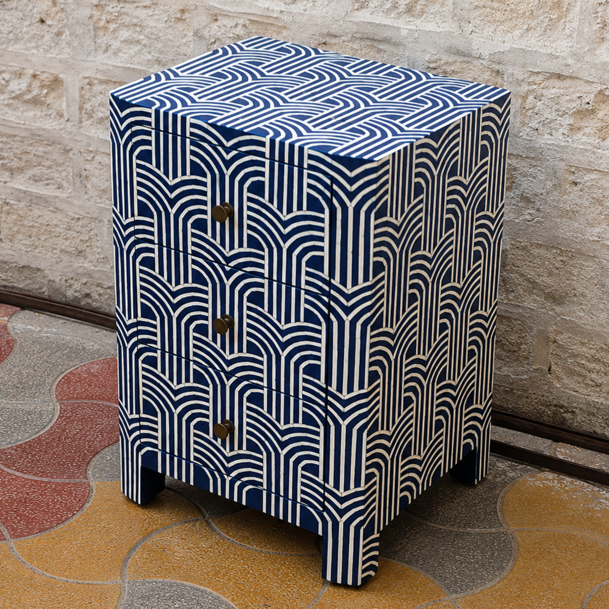Navy Blue Geometric Bone Inlay Bedside Table – Handmade 3-Drawer Nightstand