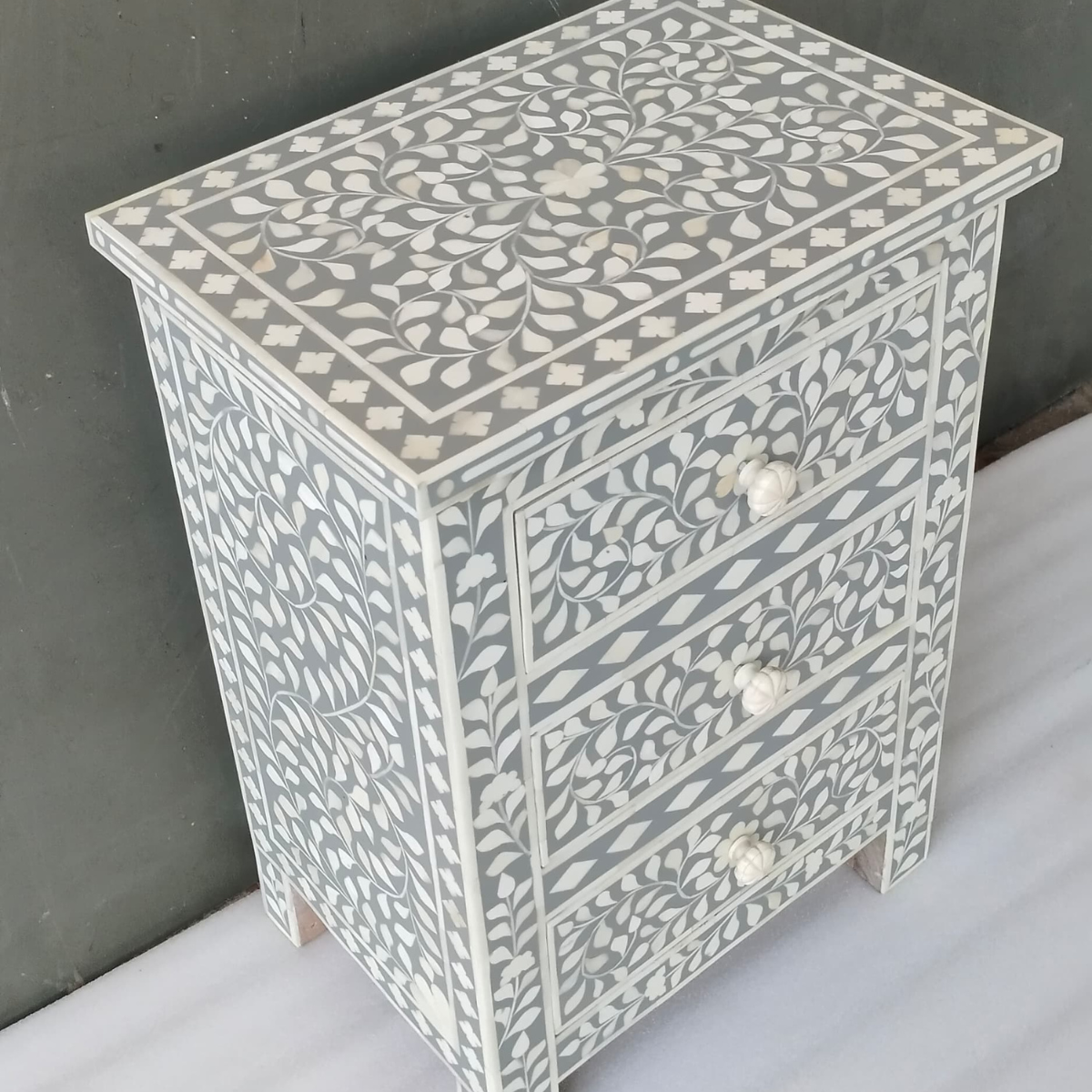 Handmade Grey Bone Inlay 3 Drawer Bedside Table | Floral Nightstand