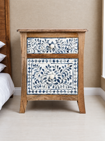 Handmade Blue Bone Inlay Bedside Table – Floral Wooden 2 Drawer Nightstand