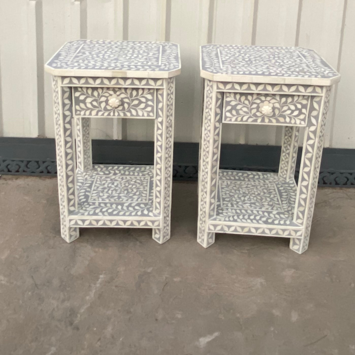 Handmade Grey Bone Inlay Bedside Table Set of 2 | Floral Nightstands