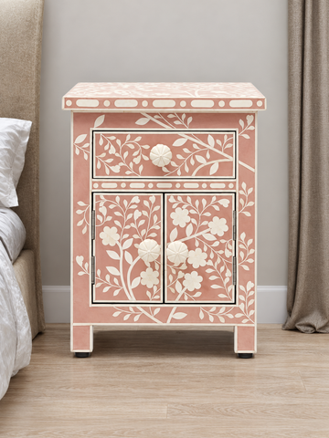 Handmade Bone Inlay Bedside Table – Pink Floral Nightstand | Handcrafted Side Table