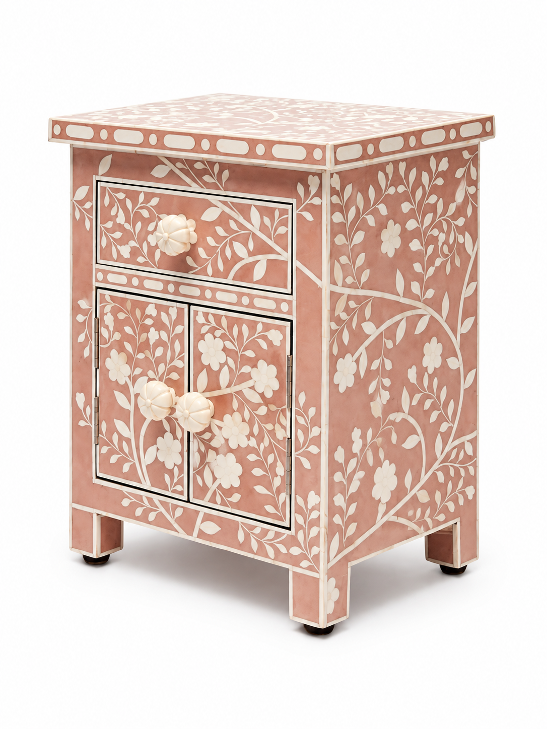 Handmade Bone Inlay Bedside Table – Pink Floral Nightstand | Handcrafted Side Table