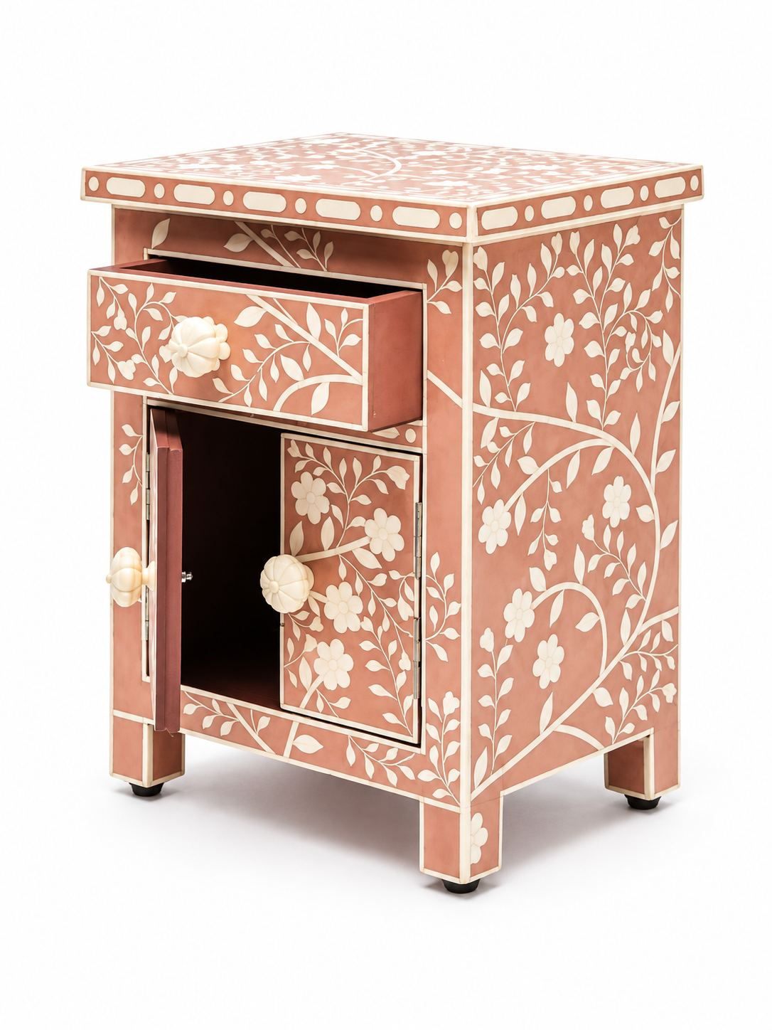 Handmade Bone Inlay Bedside Table – Pink Floral Nightstand | Handcrafted Side Table