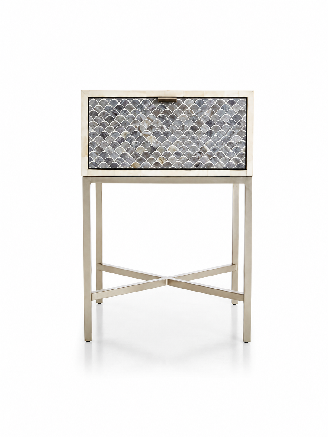 Handmade Blue Bone Inlay Bedside Table – Scallop Design with Metal Legs
