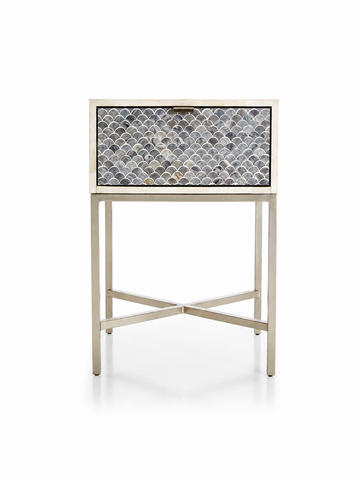 Handmade Blue Bone Inlay Bedside Table – Scallop Design with Metal Legs
