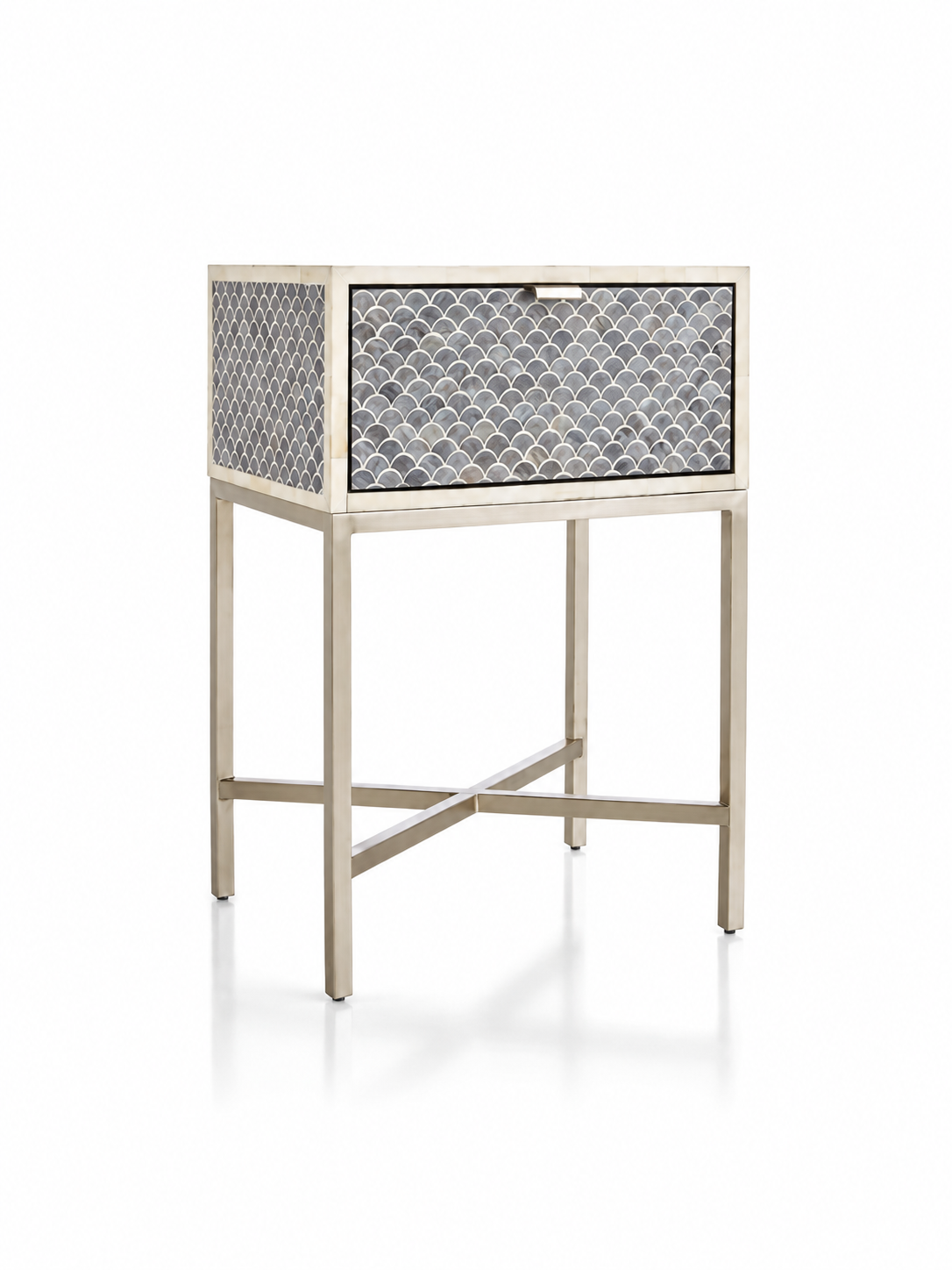 Handmade Blue Bone Inlay Bedside Table – Scallop Design with Metal Legs