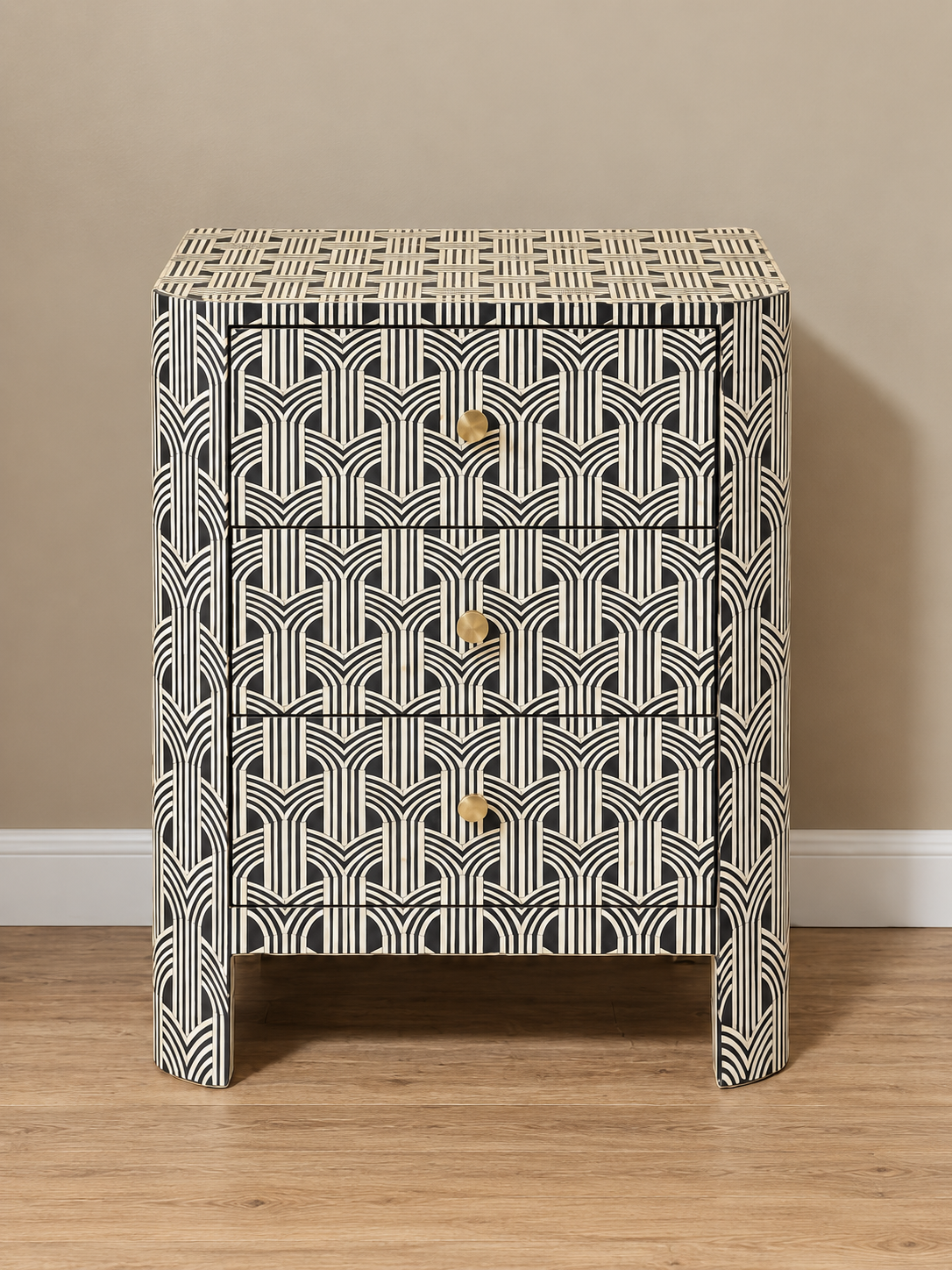 Handmade Black & White Bone Inlay 3 Drawer Bedside Table – Geometric Nightstand