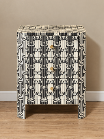 Handmade Black & White Bone Inlay 3 Drawer Bedside Table – Geometric Nightstand