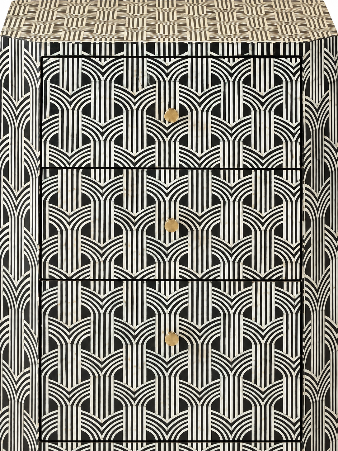 Handmade Black & White Bone Inlay 3 Drawer Bedside Table – Geometric Nightstand